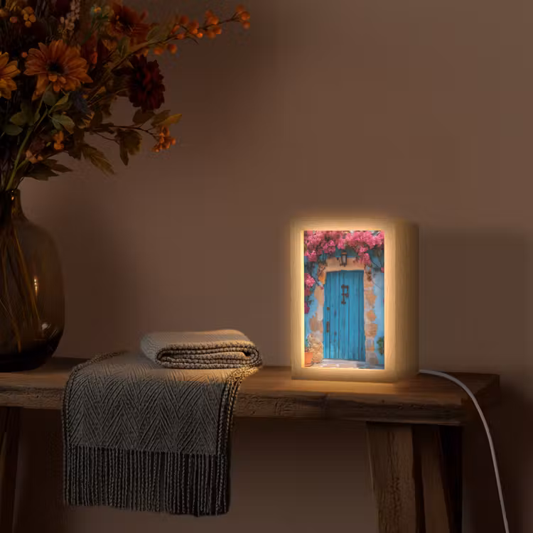 Deur - Hout - Bloemen - Blauw Light Box met kabel (Tafellamp) klein -sfeer4