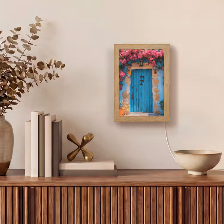 Deur - Hout - Bloemen - Blauw Light Box met kabel (Tafellamp) klein -sfeer2