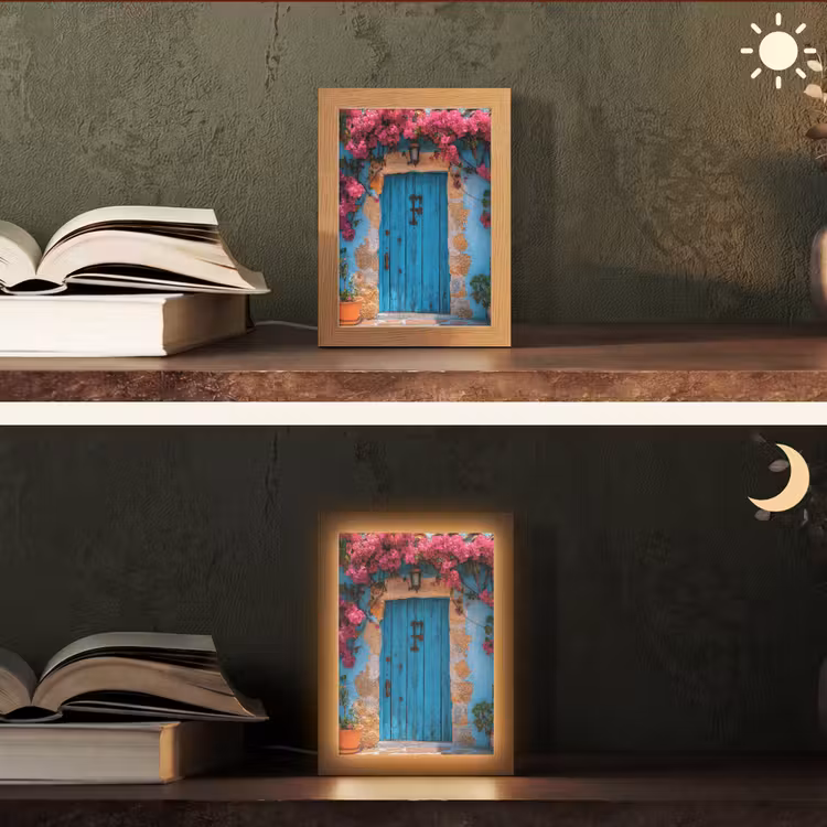 Deur - Hout - Bloemen - Blauw Light Box met kabel (Tafellamp) klein -sfeer3