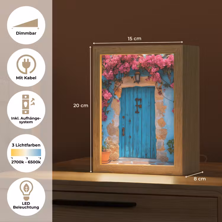 Deur - Hout - Bloemen - Blauw Light Box met kabel (Tafellamp) klein -USP_DE
