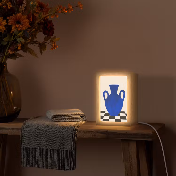 Vaas - Blauw - Geblokt - Modern Light Box met kabel (Tafellamp) klein -sfeer4