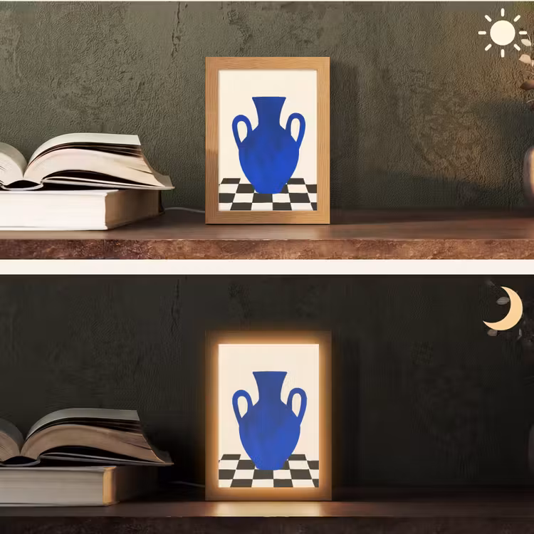Vaas - Blauw - Geblokt - Modern Light Box met kabel (Tafellamp) klein -sfeer3