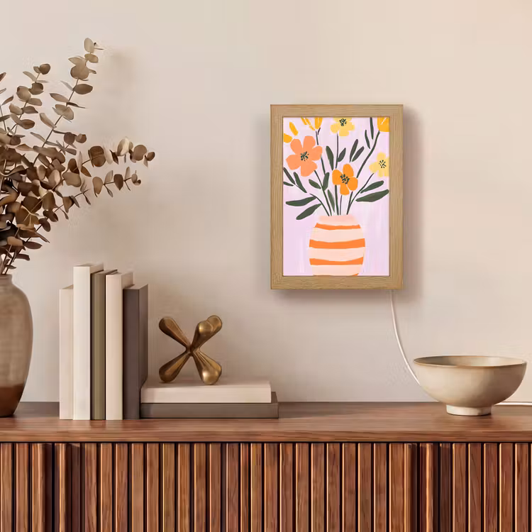 Vaas - Gestreept - Bloemen - Oranje Light Box met kabel (Tafellamp) klein -sfeer2
