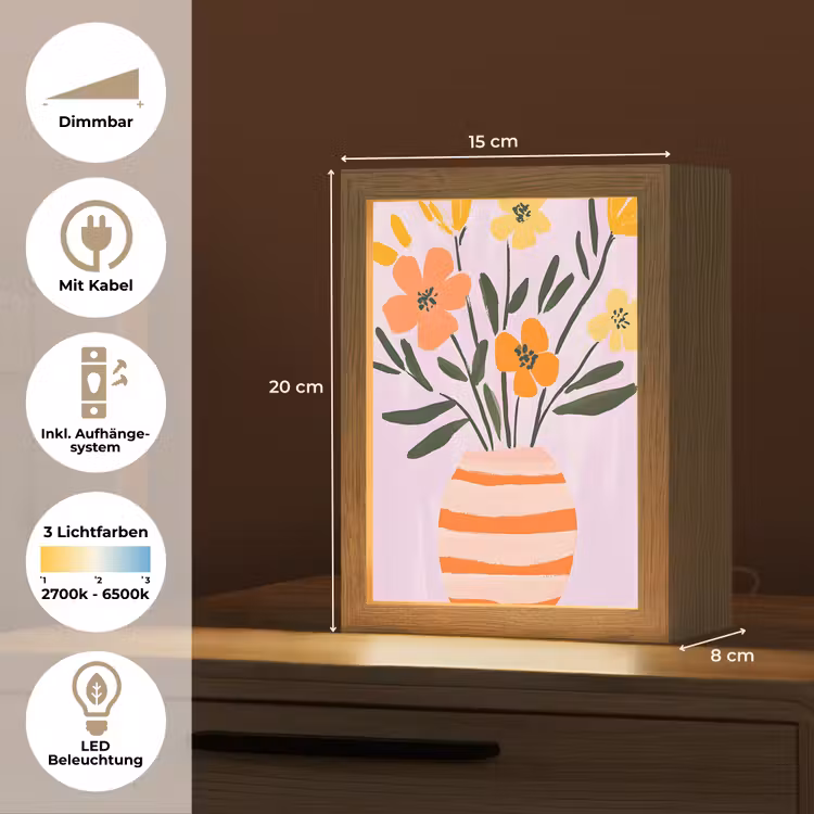 Vaas - Gestreept - Bloemen - Oranje Light Box met kabel (Tafellamp) klein -USP_DE