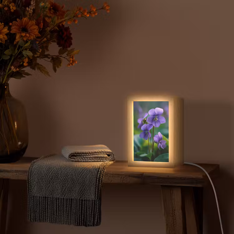 Viooltjes - Paars - Bloem - Bladeren Light Box met kabel (Tafellamp) klein -sfeer4