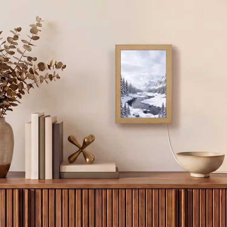 Sneeuwlandschap - Bergen - Rivier - Winter Light Box met kabel (Tafellamp) klein -sfeer2