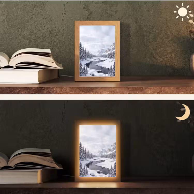 Sneeuwlandschap - Bergen - Rivier - Winter Light Box met kabel (Tafellamp) klein -sfeer3