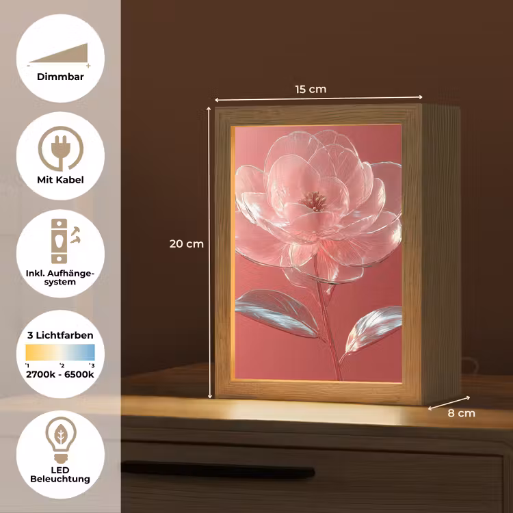 Sierlijk - Bloem - Roze - Glazen Light Box met kabel (Tafellamp) klein -USP_DE