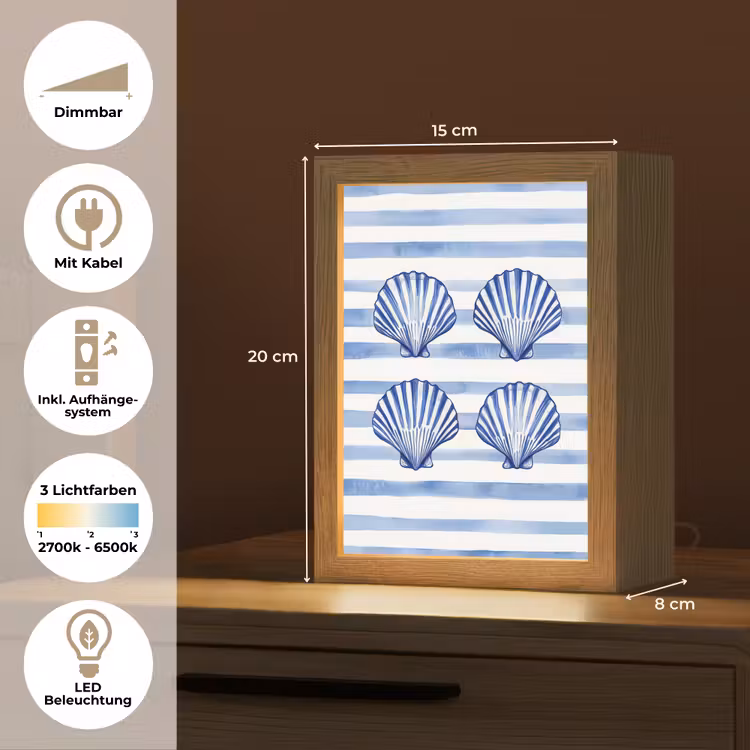 Vier schelpen - Blauw - Wit - Strepen Light Box met kabel (Tafellamp) klein -USP_DE