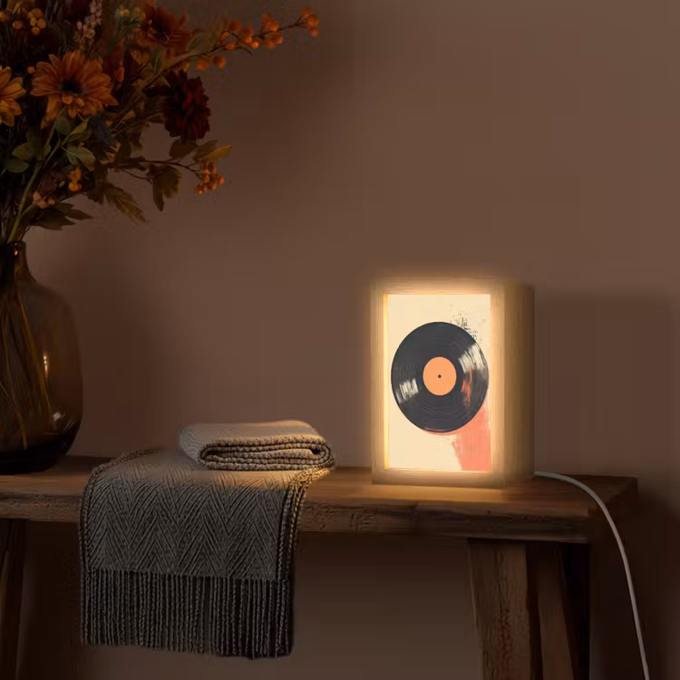 Vinylplaat - Zwart - Verfspatten - Retro Light Box met kabel (Tafellamp) klein -sfeer4