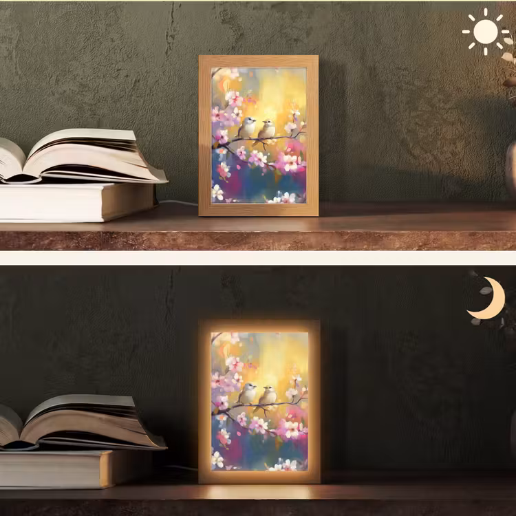 Vogels - Bloemen - Roze Light Box met kabel (Tafellamp) klein -sfeer3