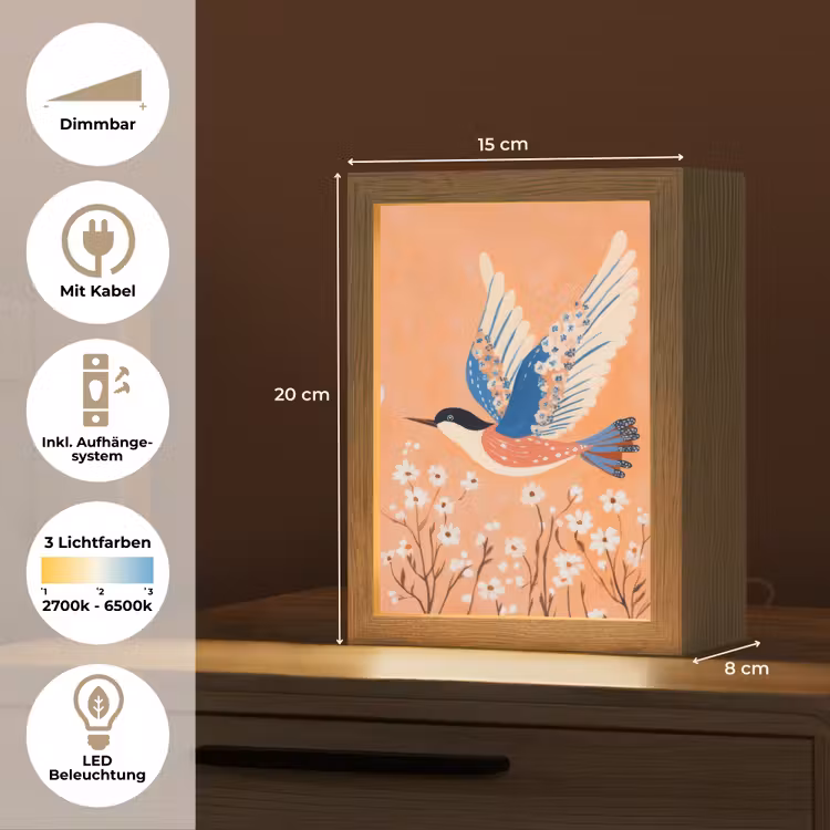 Vogel - Bloesemtakken - Warm - Kleurrijk Light Box met kabel (Tafellamp) klein -USP_DE