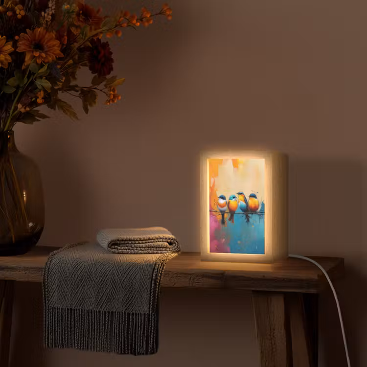Vogels - Kleurrijk - Tak - Abstract Light Box met kabel (Tafellamp) klein -sfeer4