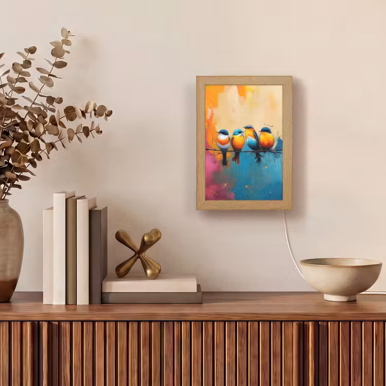 Vogels - Kleurrijk - Tak - Abstract Light Box met kabel (Tafellamp) klein -sfeer2