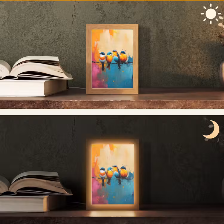 Vogels - Kleurrijk - Tak - Abstract Light Box met kabel (Tafellamp) klein -sfeer3
