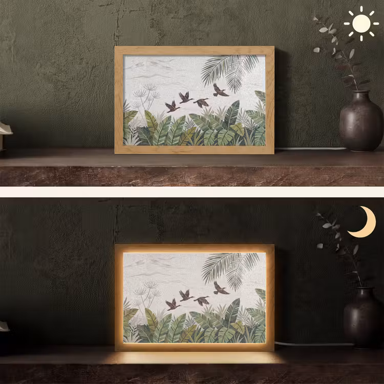 Vogel - Vliegend - Tropisch - Mozaïek - Groen Light Box met kabel (Tafellamp) klein -sfeer3