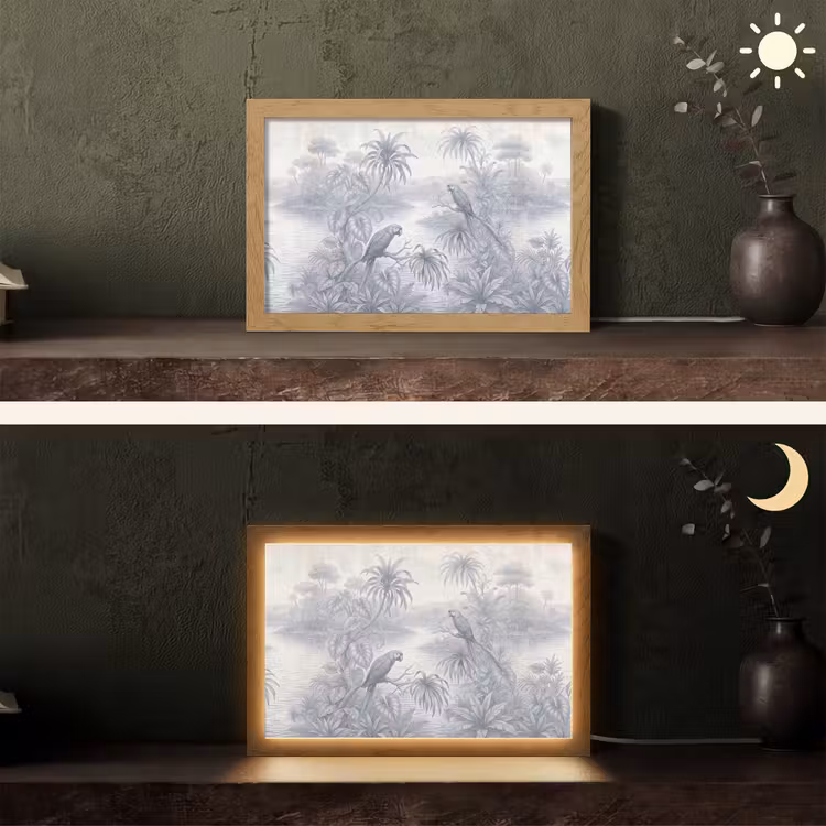 Vogel - Rivier - Tropisch - Illustratie - Blauw Light Box met kabel (Tafellamp) klein -sfeer3