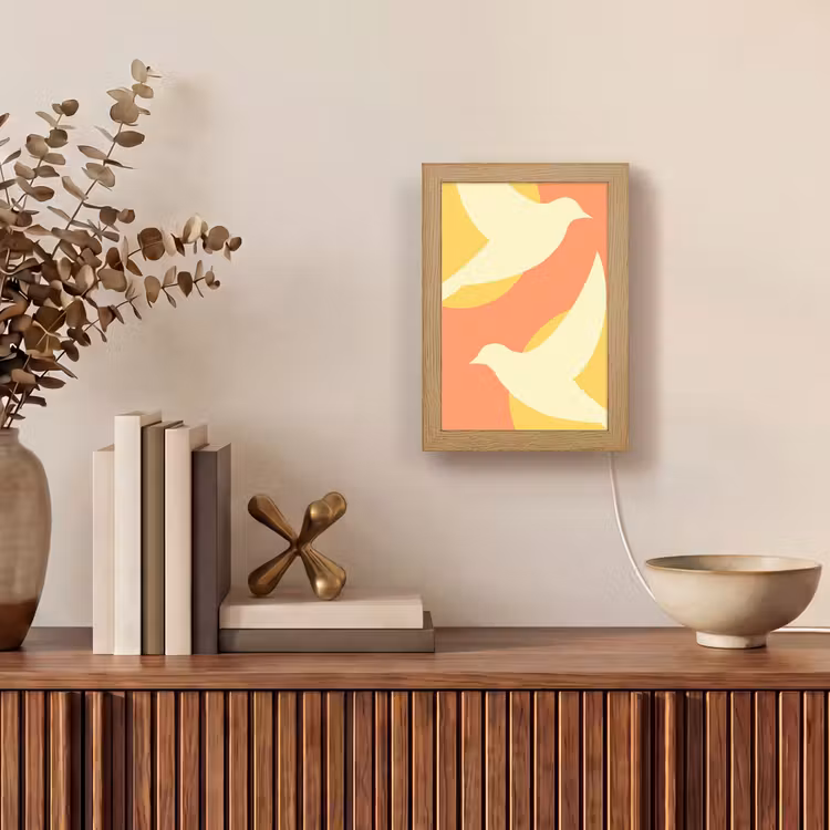 Vogels - Cirkels - Geel Light Box met kabel (Tafellamp) klein -sfeer2