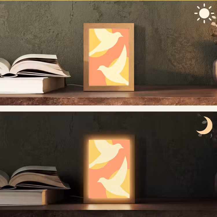 Vogels - Cirkels - Geel Light Box met kabel (Tafellamp) klein -sfeer3