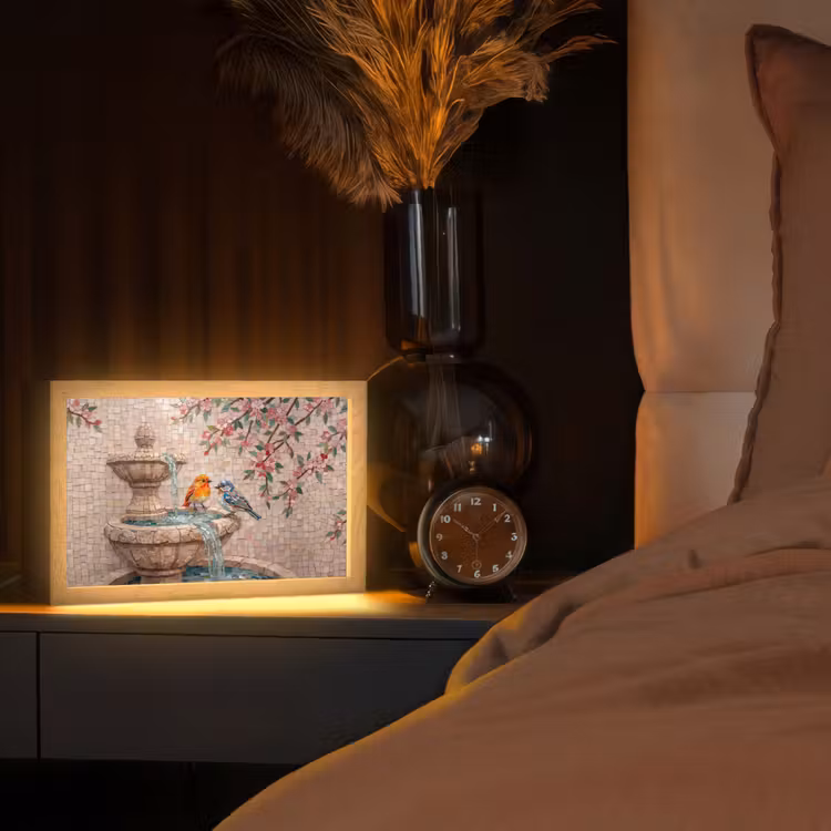 Vogel - fontein - mozaiek - kleurrijk - dieren Light Box met kabel (Tafellamp) klein -sfeer1
