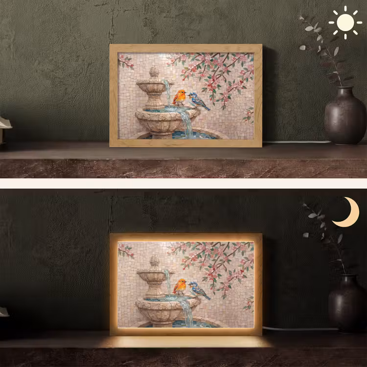 Vogel - fontein - mozaiek - kleurrijk - dieren Light Box met kabel (Tafellamp) klein -sfeer3