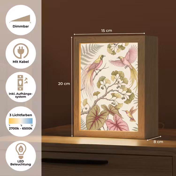 Vogels - Tropisch - Botanisch - Roze Light Box met kabel (Tafellamp) klein -USP_DE