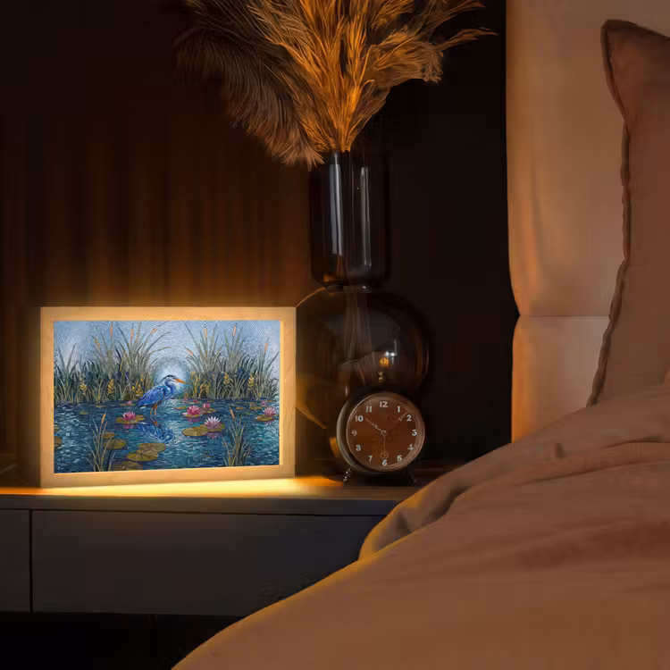 Vogel - Water - Natuur - Abstract - Blauw Light Box met kabel (Tafellamp) klein -sfeer1