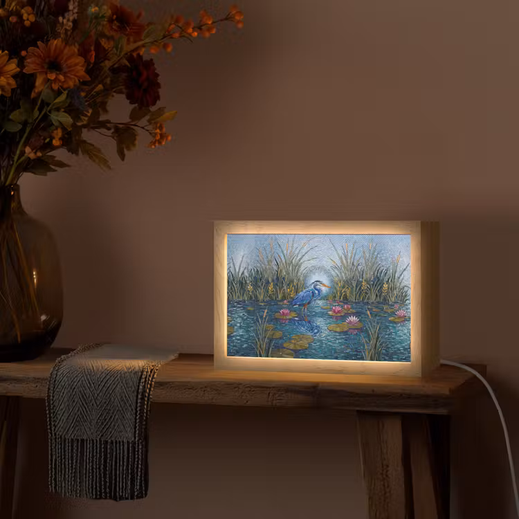 Vogel - Water - Natuur - Abstract - Blauw Light Box met kabel (Tafellamp) klein -sfeer4
