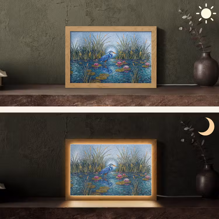 Vogel - Water - Natuur - Abstract - Blauw Light Box met kabel (Tafellamp) klein -sfeer3
