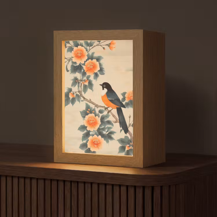 Vogel - Tak - Bloemen - Oranje Light Box met kabel (Tafellamp) klein -z3d_website