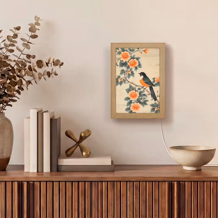 Vogel - Tak - Bloemen - Oranje Light Box met kabel (Tafellamp) klein -sfeer2