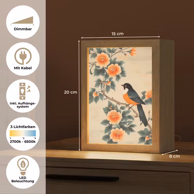 Vogel - Tak - Bloemen - Oranje Light Box met kabel (Tafellamp) klein -USP_DE