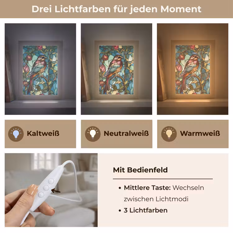 Vogel - Tak - Rozen - Mozaïek Light Box met kabel (Tafellamp) klein -USP_lichtkleurDE