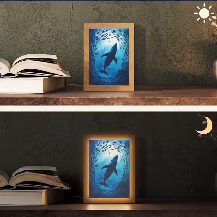 Walvis - Vissen - Donkerblauw Light Box met kabel (Tafellamp) klein -sfeer3