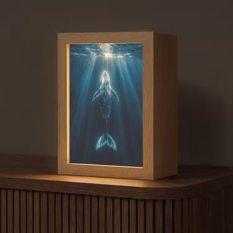 Walvis - Water - Zonnestralen - Blauw Light Box met kabel (Tafellamp) klein -z3d_website