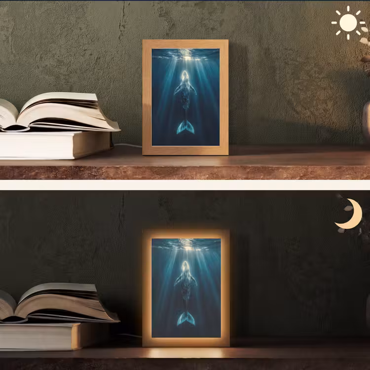 Walvis - Water - Zonnestralen - Blauw Light Box met kabel (Tafellamp) klein -sfeer3
