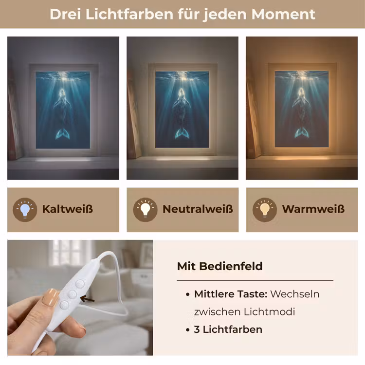 Walvis - Water - Zonnestralen - Blauw Light Box met kabel (Tafellamp) klein -USP_lichtkleurDE