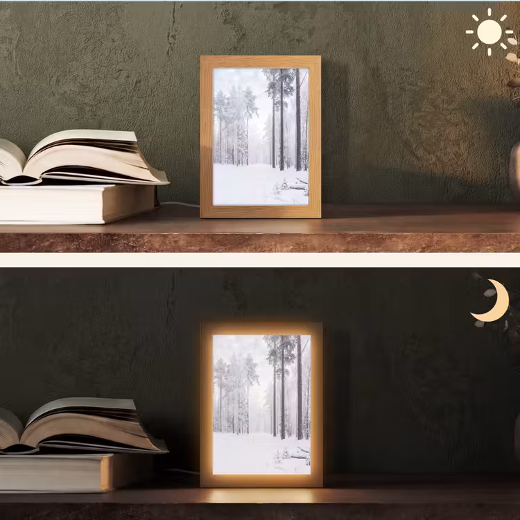 Bos - Sneeuw - Pad - Winter - Stilte Light Box met kabel (Tafellamp) klein -sfeer3
