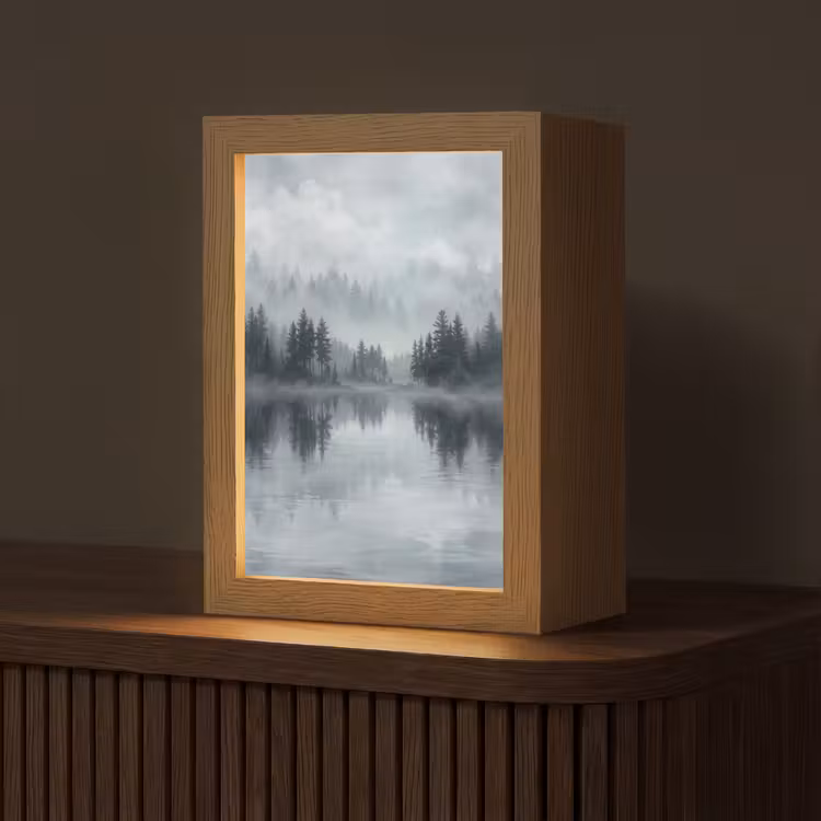 Bos - Meer - Mist - Natuur - Grijs Light Box met kabel (Tafellamp) klein -z3d_website