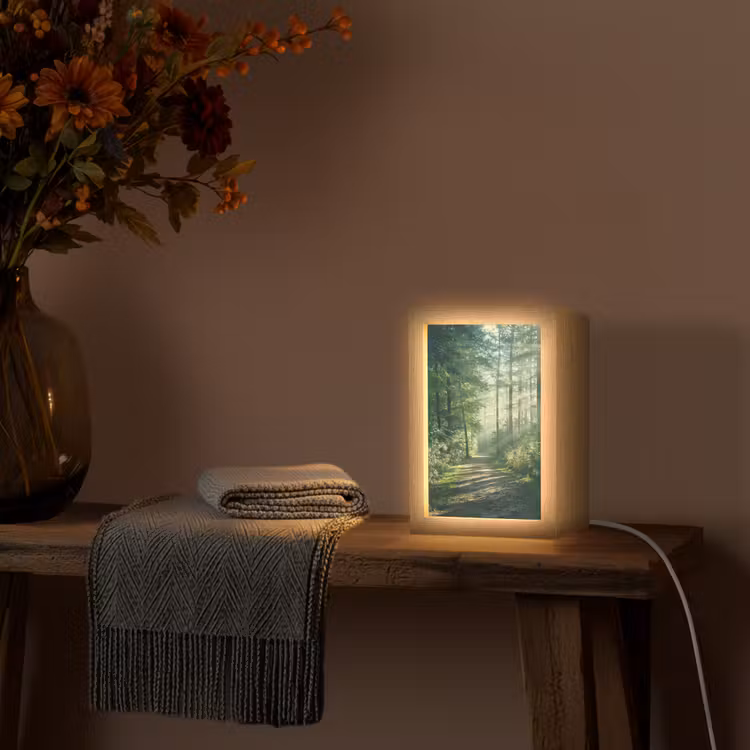 Bos - Pad - Zon - Bomen - Groen - Natuur Light Box met kabel (Tafellamp) klein -sfeer4