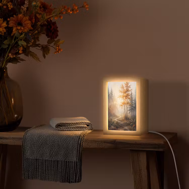 Bospad - Herfstbladeren - Natuur - Schilderachtig - Oranje Light Box met kabel (Tafellamp) klein -sfeer4