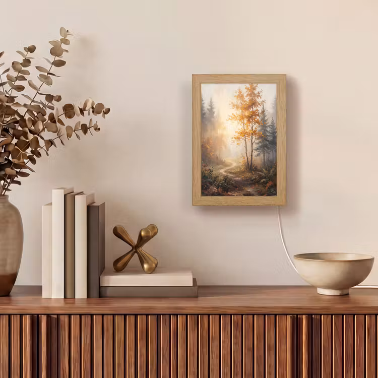 Bospad - Herfstbladeren - Natuur - Schilderachtig - Oranje Light Box met kabel (Tafellamp) klein -sfeer2