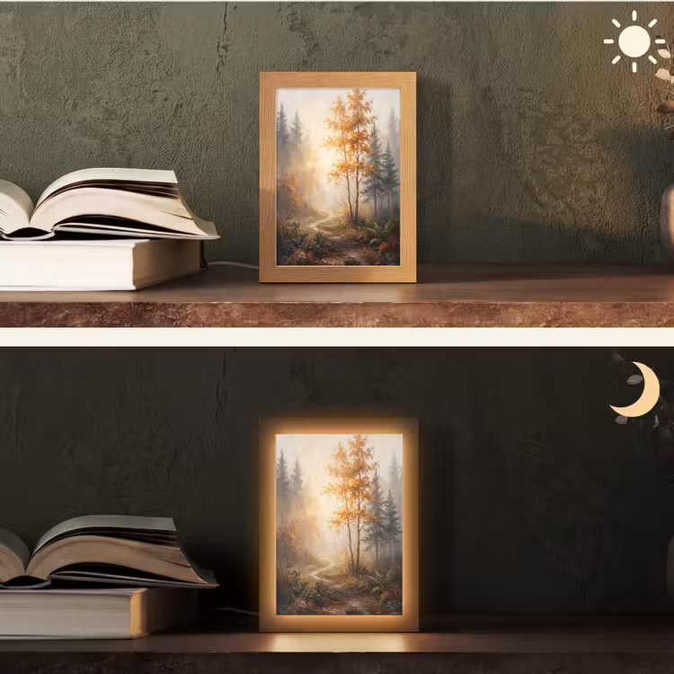 Bospad - Herfstbladeren - Natuur - Schilderachtig - Oranje Light Box met kabel (Tafellamp) klein -sfeer3
