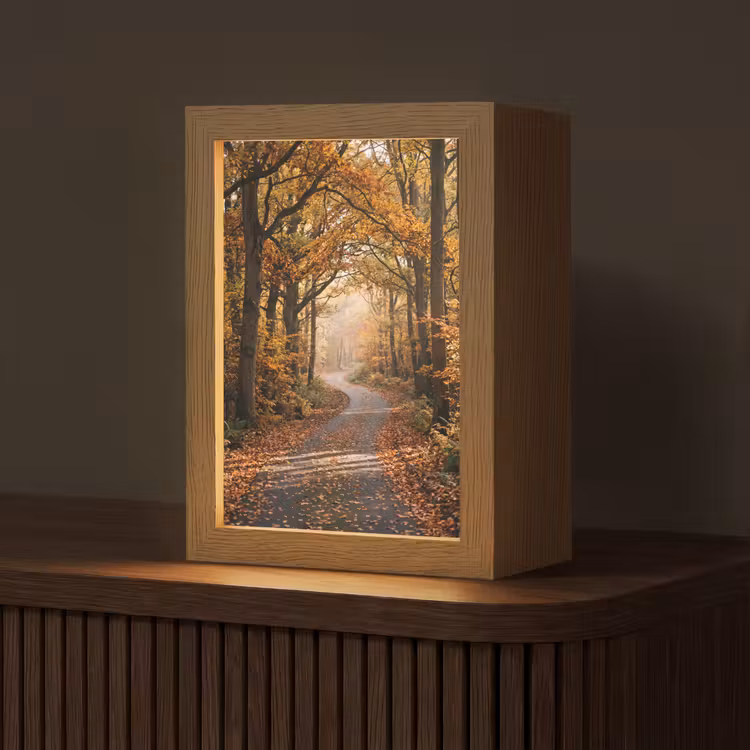 Bospad - Herfstbos - Bladeren - Oranje - Nostalgisch Light Box met kabel (Tafellamp) klein -z3d_website