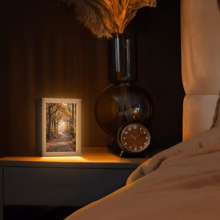 Bospad - Herfstbos - Bladeren - Oranje - Nostalgisch Light Box met kabel (Tafellamp) klein -sfeer1