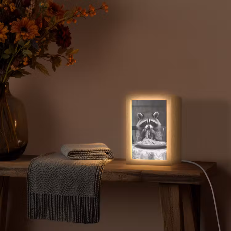 Wasbeer - Cute - Pasta - Tafelkleed - Zwart - Wit Light Box met kabel (Tafellamp) klein -sfeer4