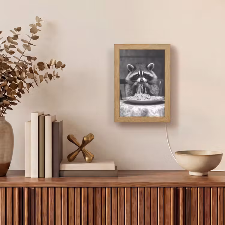 Wasbeer - Cute - Pasta - Tafelkleed - Zwart - Wit Light Box met kabel (Tafellamp) klein -sfeer2