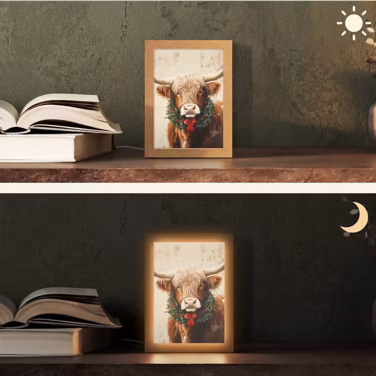 Kerst - Schotse Hooglander - Bruin - Krans Light Box met kabel (Tafellamp) klein -sfeer3