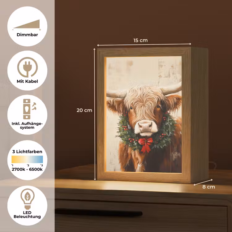 Kerst - Schotse Hooglander - Bruin - Krans Light Box met kabel (Tafellamp) klein -USP_DE
