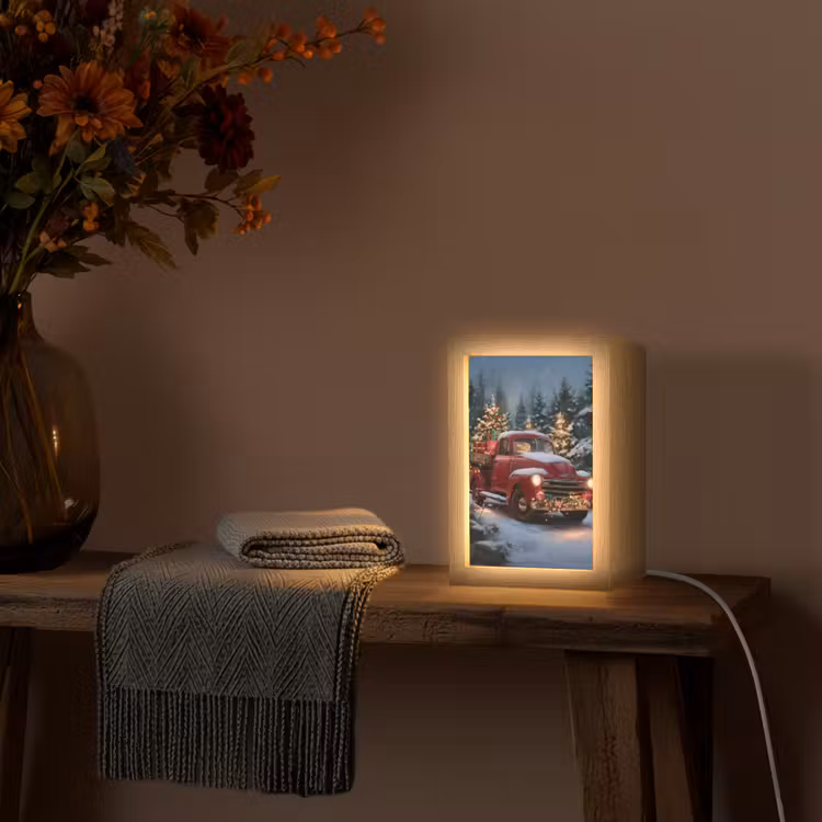 Kersttruck - Sneeuwbos - Rood Light Box met kabel (Tafellamp) klein -sfeer4